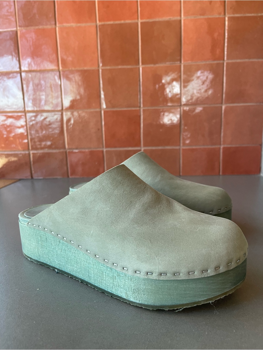 No. 6 Sage Green Platform Clog Mules